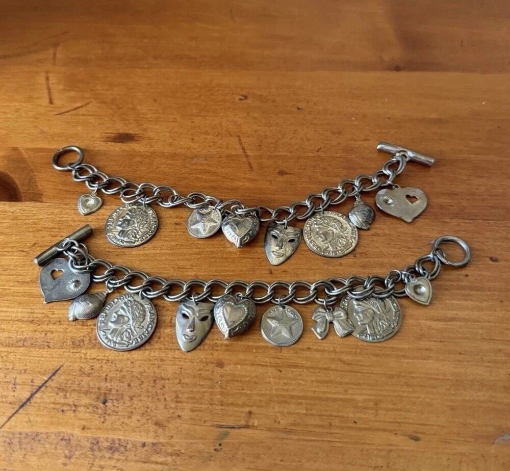 Set of 2 Coin Heart Charm Bracelets Mixed Metal Artisan Boho Statement Jewelry